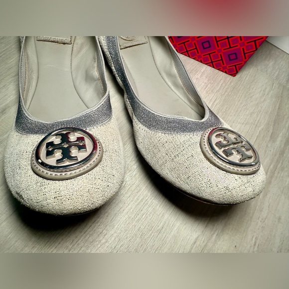Tory Burch Caroline Ballet Flats Size 8 Pewter Mercury Metallic Tweed Logo - Picture 7 of 12